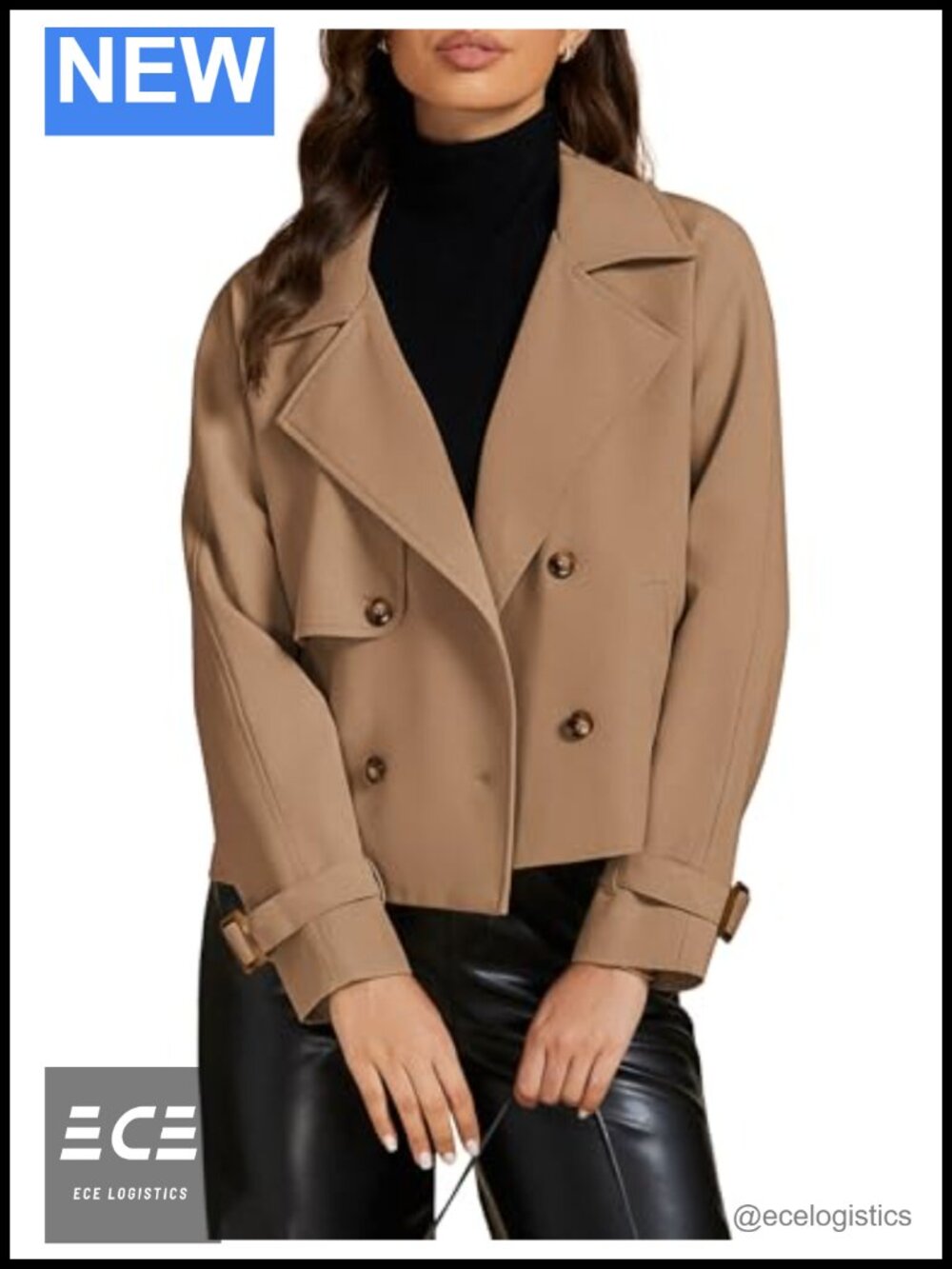 Cropped Trench Coat Women Long Sleeve Double Breasted Notched Lapel Loose Fit